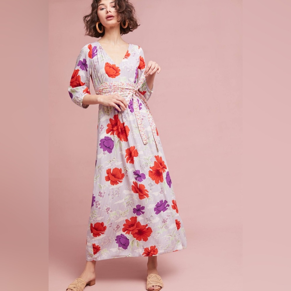 Anthropologie Maeve Purple Red Belted Floral Kimono Maxi Dress Size 4
